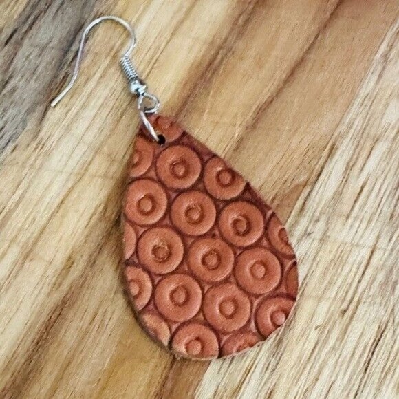 BOHO Hand Crafted Style Hand Tooled Teardrop Leather Earrings - Picture 4 of 5